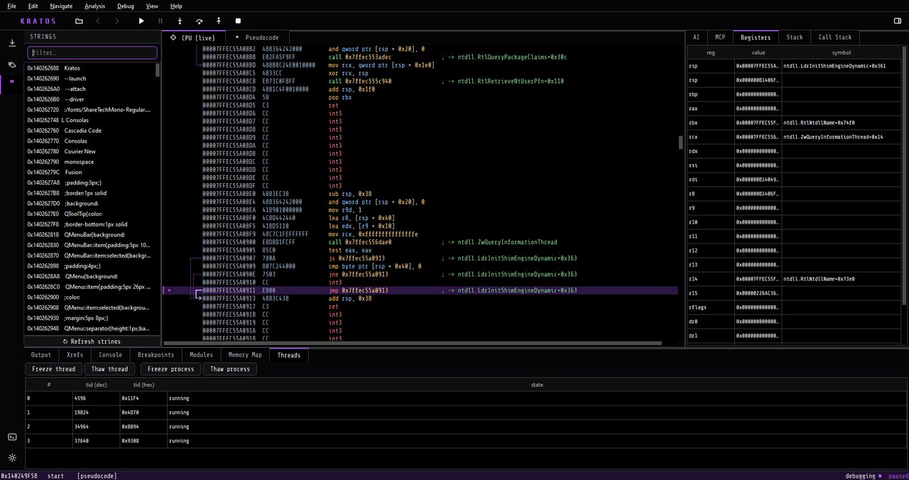 Kratos showing live disassembly, registers and threads of a running process
